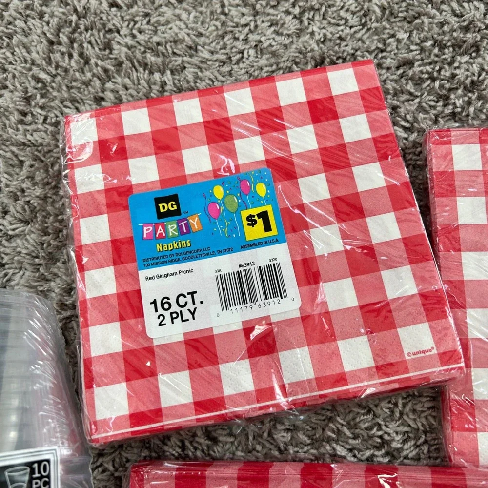 Red Gingham Picnic Party Supplies Napkins Tumblers Water Glasses Set 5 Packs NEW